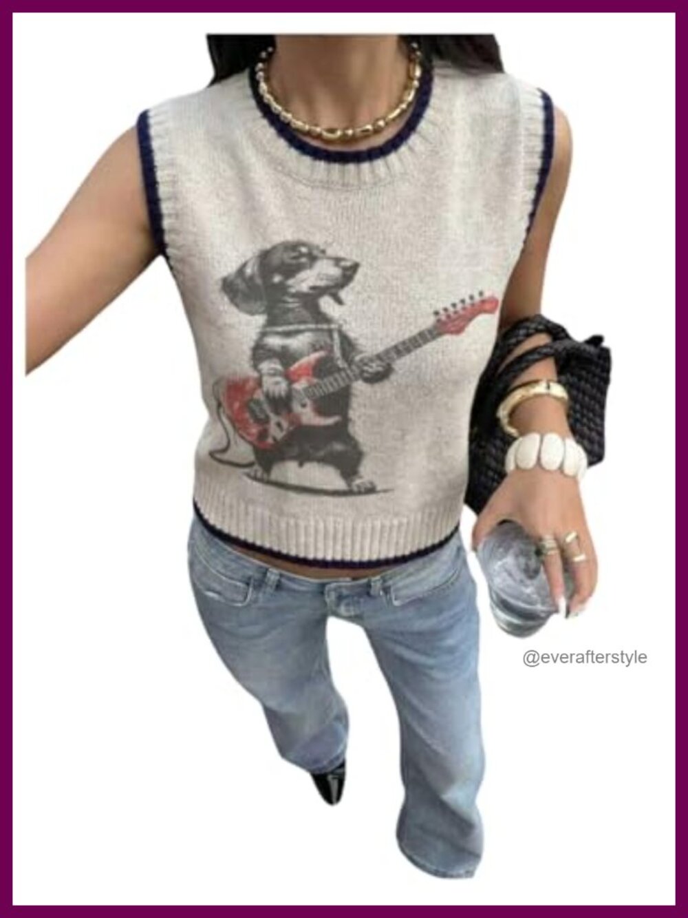 Sleeveless Knit Sweater Vest Dachshund Graphic Crew Neck